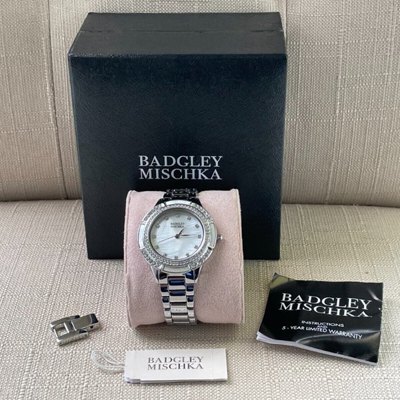Badgley Mischka Ladies Watch Silver Tone Crystals Accent Analog Quartz Watch Box - Picture 2 of 12